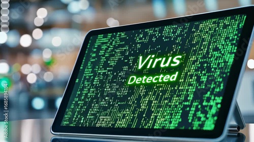 Cybersecurity alert on laptop screen in office environment shows virus detection