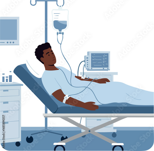 Patient receiving intravenous therapy in hospital bed with medical monitoring equipment vector illustration