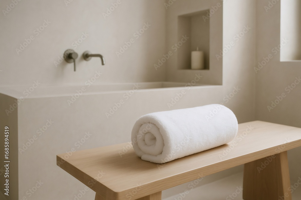 Obraz premium Soft white towel placed on a wooden bench in a minimalist bathroom, creating a serene atmosphere perfect for spa treatments and relaxation