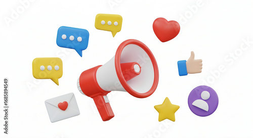 Internet communication and social media interaction 3D model icons against isolated white background.