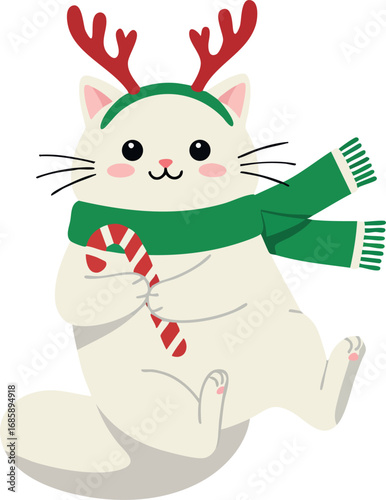 Cat wearing reindeer antlers and green scarf holding candy cane festive winter holiday illustration vector