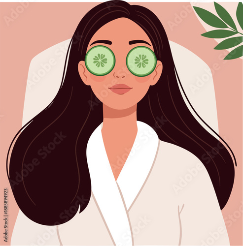 Woman relaxing with cucumber slices on eyes wearing white robe in spa or self care routine vector illustration