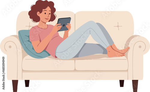 Woman Relaxing on Sofa Using Tablet Device at Home in Casual Clothes Vector Illustration