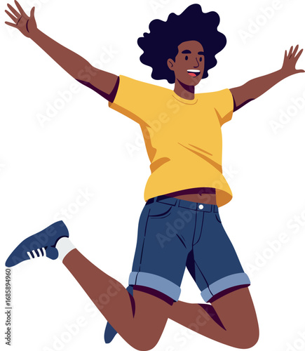 Young man jumping in air wearing yellow shirt and blue shorts energetic active lifestyle vector illustration