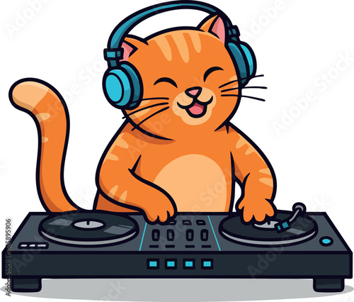 Orange cat DJ wearing headphones playing music on turntables vector illustration for entertainment and leisure design