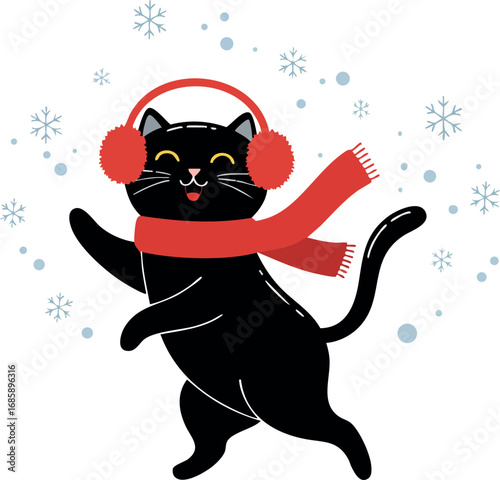 Black cat wearing red earmuffs and scarf playing with snowflakes winter holiday vector illustration