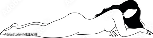 Minimalist vector art of reclining woman with long dark hair in simple line drawing style