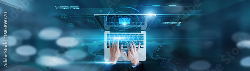 Bild auf Leinwand Online shopping, digital marketplace Businessman using laptop with e-commerce icon, product listings, secure payments, customer engagement, inventory management