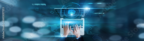 Принти на полотні Application coding, system design Businessman using laptop with version control, bug tracking, UI/UX improvements, feature integration, and scalability planning