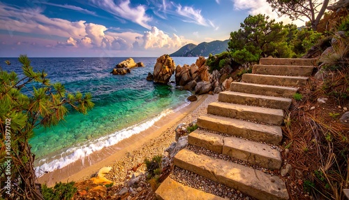 Coastal steps leading to a tranquil beach