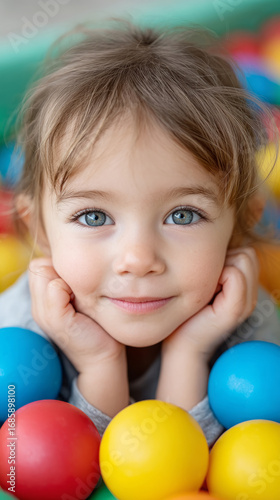 Joyful indoor playtime with child surrounded by colorful balls