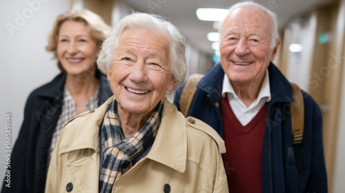 Joyful companionship of elderly friends walking together