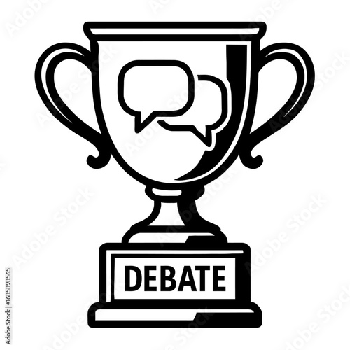 Distinguished Black & White Debate Trophy Icon with Speech Bubbles, Symbolizing Excellence in Public Speaking, Competitive Argumentation, Persuasive Discourse, Oratory, and Verbal Communication Achiev