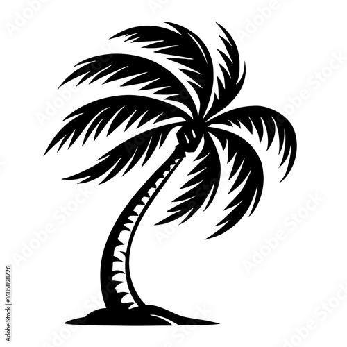 Black silhouette palm tree vector graphic. Iconic tropical imagery for beach, summer, island, vacation, paradise designs. Perfect for logos, resort branding, travel illustrations, digital art, print, 