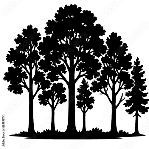 Majestic forest tree silhouettes standing tall against a bright background, depicting a diverse woodland ecosystem with broadleaf and coniferous trees, perfect for nature-themed designs, ecological pr