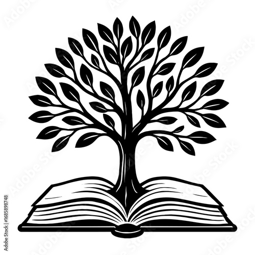 An intricate monochrome vector illustration depicting a majestic tree, symbolizing the tree of knowledge, meticulously rooted within the open pages of a classic book, representing education, growth, w