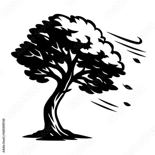 Stylized black and white vector graphic of a tree vigorously buffeted by strong wind, with leaves actively blowing off. This dynamic illustration depicts a powerful windstorm, showcasing nature's forc