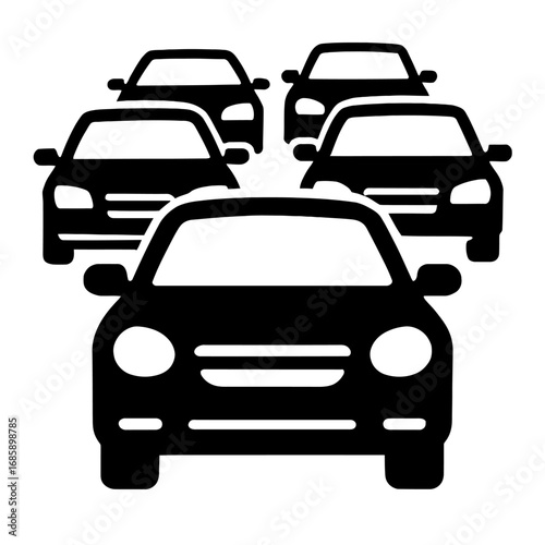 A sleek black vector icon illustrating a cluster of multiple cars, depicting traffic congestion or a group of vehicles on the road. Ideal for transportation, urban planning, and automotive-related des