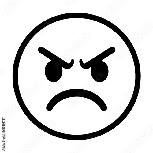 Angry Face Emoji Icon: Vector, black & white outline. Depicts intense rage, frustration, displeasure, mad, grumpy, fuming emotions, irritation, unhappiness. Ideal for digital media, social platforms, 