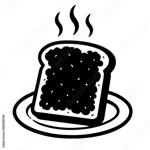 Steaming hot toast with a generous dark spread, likely jam or butter, served on a simple plate. This delightful black and white illustration captures a cozy, warm breakfast moment, perfect for food bl