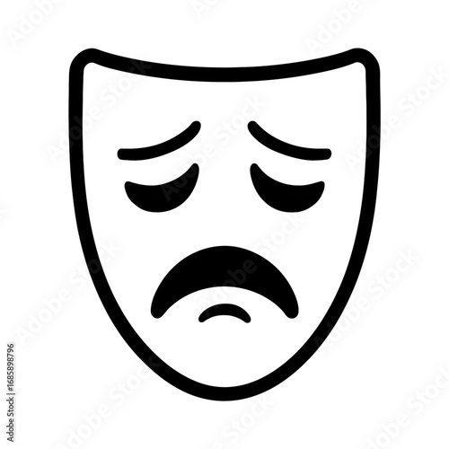 Melancholy Theatrical Tragedy Mask Vector Icon: A Classic Black Outline Design Representing Sadness, Grief, and Emotional Drama on Stage, Perfect for Performing Arts, Web, and All Graphic Design Proje