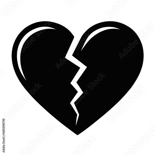 Heartbreak Vector Icon: A striking black graphic illustration of a broken heart, symbolizing profound sadness, lost love, emotional pain, relationship breakups, grief, disappointment, and the end of a