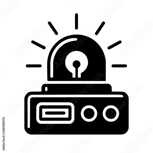 Emergency Warning Light System Icon: A modern black glyph depicting a flashing siren beacon device with bright luminous rays and a control panel. This symbol indicates urgent attention, public safety 