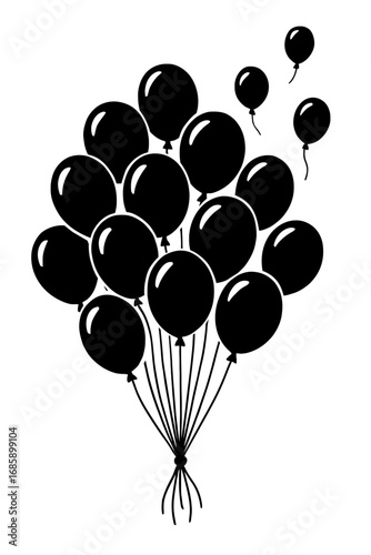Elegant vector silhouette of a black balloon bunch, some floating away. Ideal for celebrations, events, anniversaries, freedom, remembrance. Minimalist, high-contrast graphic for print/digital use.