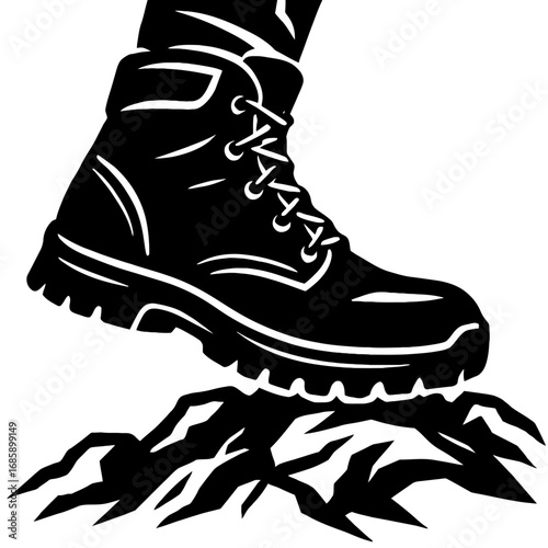Rugged hiking boot treading firmly on sharp, jagged rocks, a powerful black and white vector illustration depicting outdoor adventure, durable protective footwear designed for challenging terrains, sy
