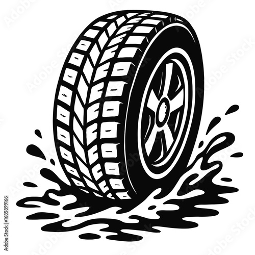 Dynamic black and white vector illustration of a rugged vehicle tire with aggressive tread design splashing through a puddle of water or mud, conveying speed, power, and adventure in off-road driving 