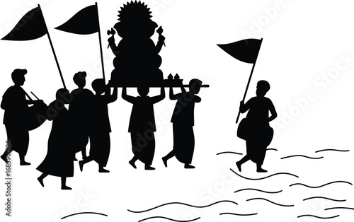 A Symbolic Graphic of a Ganesh Visarjan Procession in Silhouette, a Sacred Ritual of Devotees Immersing a God's Idol during a Festival.