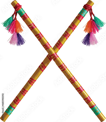 Authentic and beautifully decorated Dandiya sticks with colorful tassels, ready for the spirited Garba folk dance and celebration of Navratri festival.