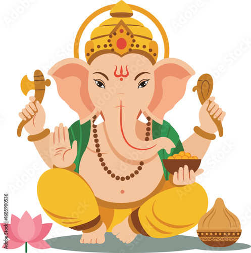 Divine Lord Ganesha Illustration with Auspicious Lotus and Modak, Symbolizing Prosperity, Wisdom, and Good Fortune for Hindu Festivities and Worship