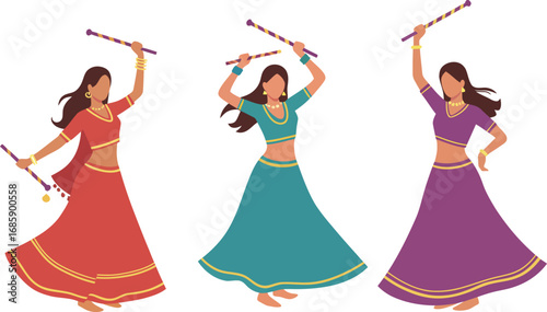 Dynamic Depiction of Indian Women Joyfully Performing Dandiya Raas, Celebrating Cultural Heritage and Festivities with Traditional Dance Steps