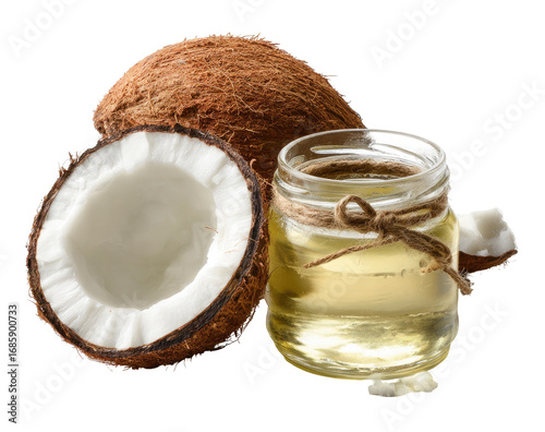 Fresh coconut halves and a jar of coconut oil