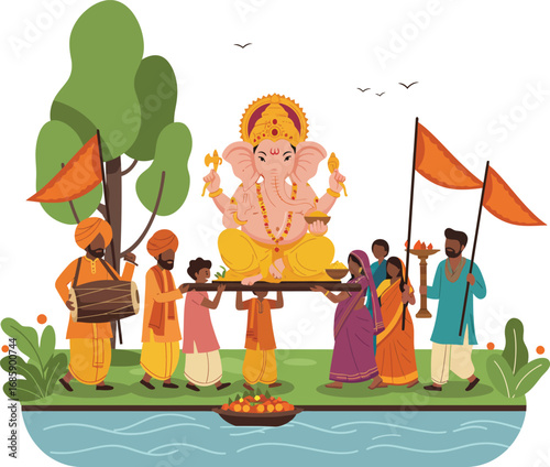 Ganesh Visarjan Ceremony Illustration with People Carrying Hindu God Ganesha Idol for Immersion Ritual, Cultural Festival and Religious Celebration