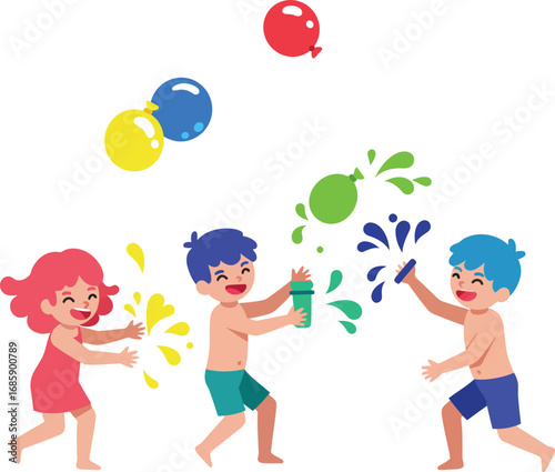 Happy children laughing and playing with colorful water balloons on a sunny lawn, enjoying a fun outdoor summer activity and capturing the playful innocence and carefree spirit of youth.
