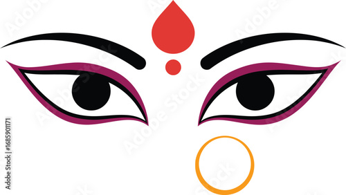 Minimalist design of serene Hindu goddess eyes with a red bindi and a golden nose ring, symbolizing strength and divinity.