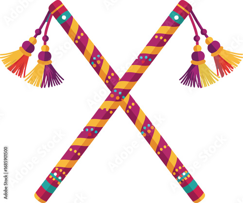 Vibrantly decorated Dandiya sticks crossed for traditional Indian folk dance, celebrating Navratri festival and rich cultural heritage.