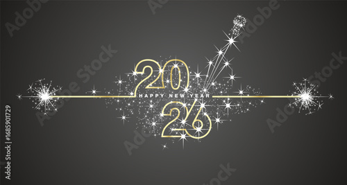 Happy New Year 2026 eve line design loading sparkle firework open champagne golden white black vector wallpaper greeting card