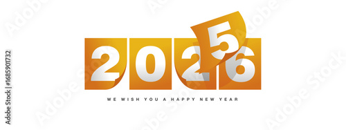 Happy New Year 2026 greeting card design template on white background. New Year 2026 start concept. Orange yellow calendar pages turn in the wind and the new year begins