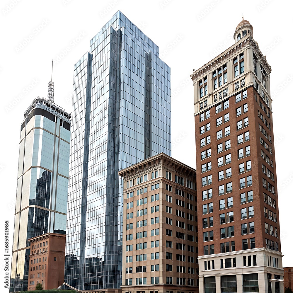 Fototapeta premium Modern and historic skyscrapers stand tall against a bright sky in an urban cityscape