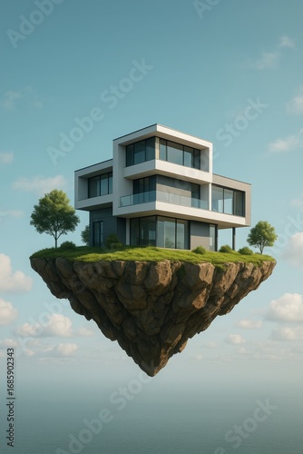 Casa moderna minimalista sobre una isla flotante de roca y césped con árboles, suspendida en el cielo sobre el océano y nubes. Concepto de arquitectura onírica.