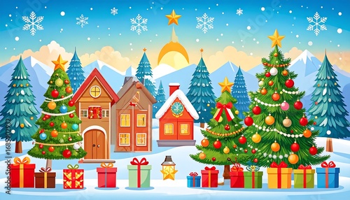 Wallpaper Mural Festive cartoon scene snowy landscape with decorated houses, trees, and wrapped gifts Torontodigital.ca