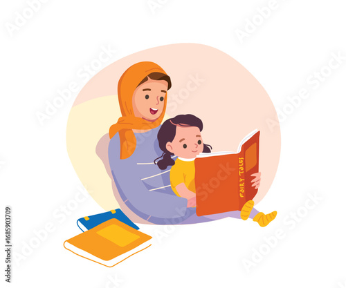 Middle Eastern Muslim woman mother mum wearing a traditional hijab in a headscarf reading fairy tale book storybook to baby child daughter at home, babysitting with child. Motherhood concept.