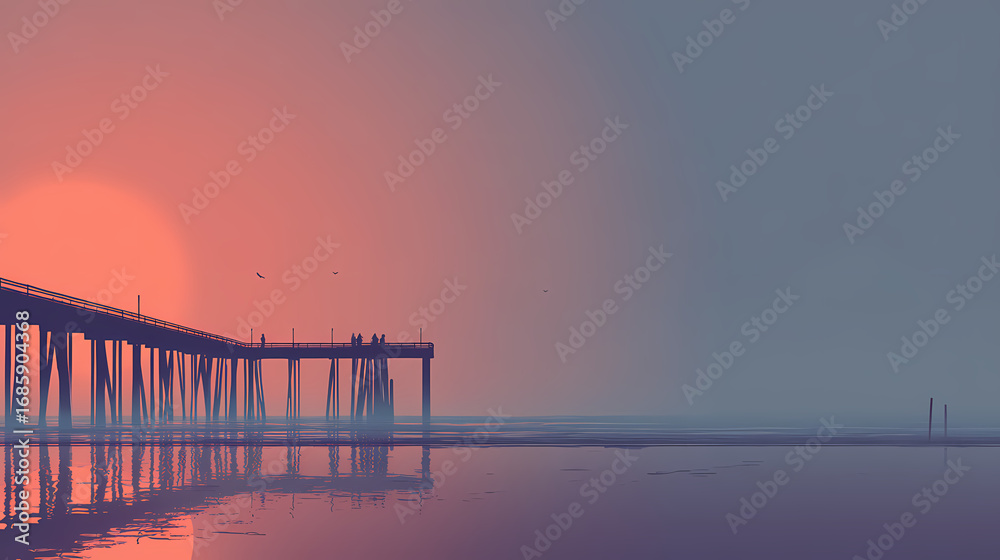 Obraz premium Pier at Sunset: A serene seascape, with a pier extending gracefully into the calm water, and the sun descending to the horizon casting a warm glow of orange and red.