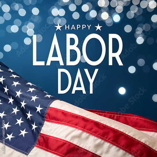 Happy labor day text with american flag and bokeh lights celebrating workers holiday