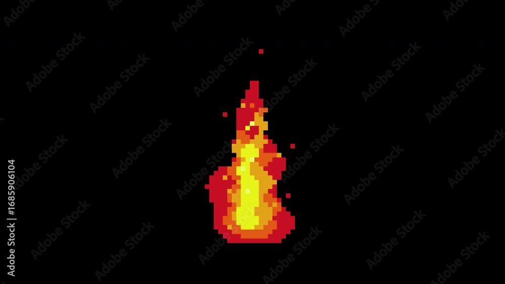 Animated pixel art flame effect with sparks for game design fire element and retro visuals, alpha channel footage.