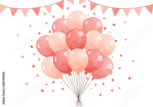 Bunch of pink and peach balloons with confetti and bunting isolated on transparent background