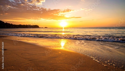 Wallpaper Mural A golden sun sets over a sandy beach, reflecting in the wet sand and calm ocean Torontodigital.ca